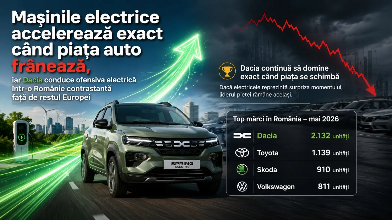 Mașinile electrice accelerează exact când piața auto frânează, iar Dacia conduce ofensiva electrică într-o Românie contrastantă față de restul Europei